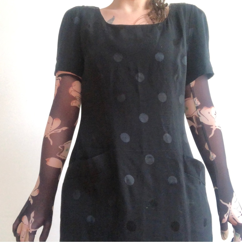 Large black polka dot new wave goth dress with pockets 90s vintage
